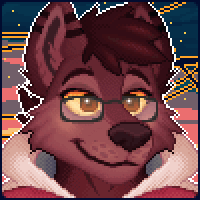 Pixel-art profile picture of videah, a red wolf with glasses