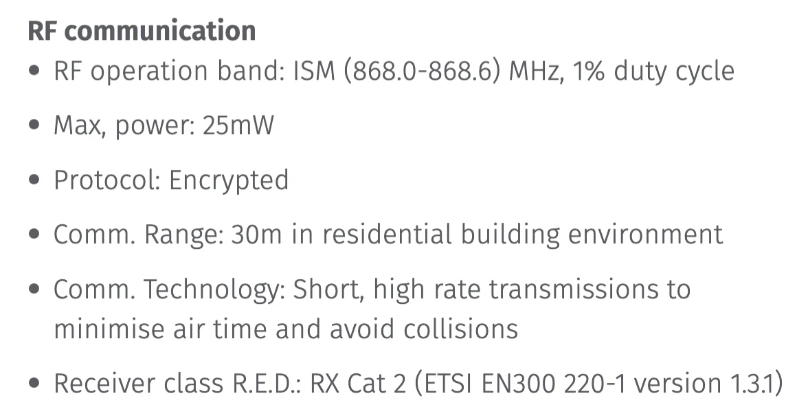 The RF Communication section of the thermostat's datasheet: frequency 868 MHz, protocol encrypted, range up to 30 m.