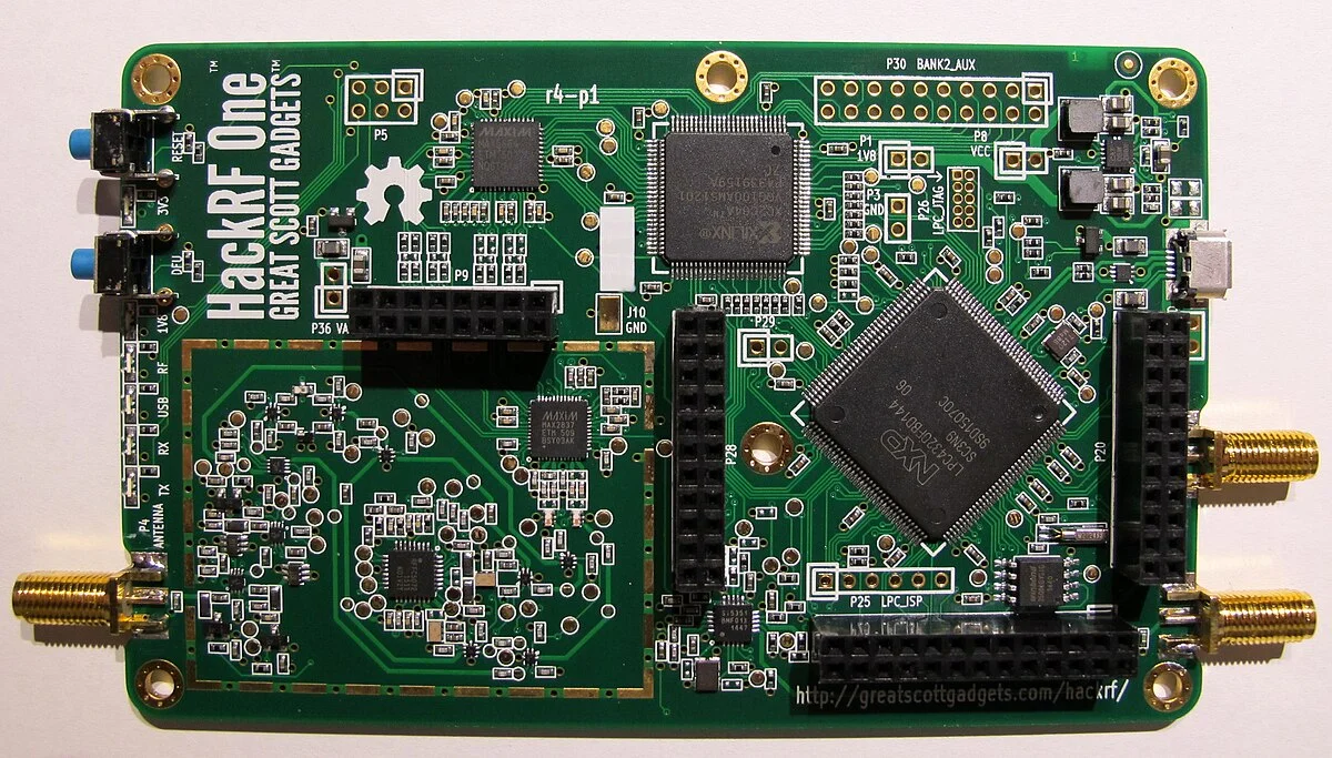 The bare circuit board of an official HackRF One software-defined radio.