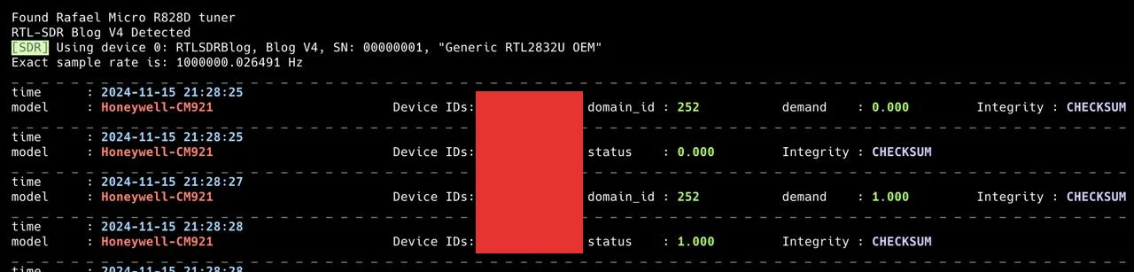 Terminal output from rtl_433 decoding the thermostat's packets as a Honeywell protocol, with a demand field of 1 and 0.