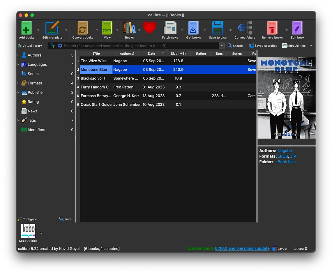 Calibre's main window on macOS, dense with toolbar buttons, columns and side panels.