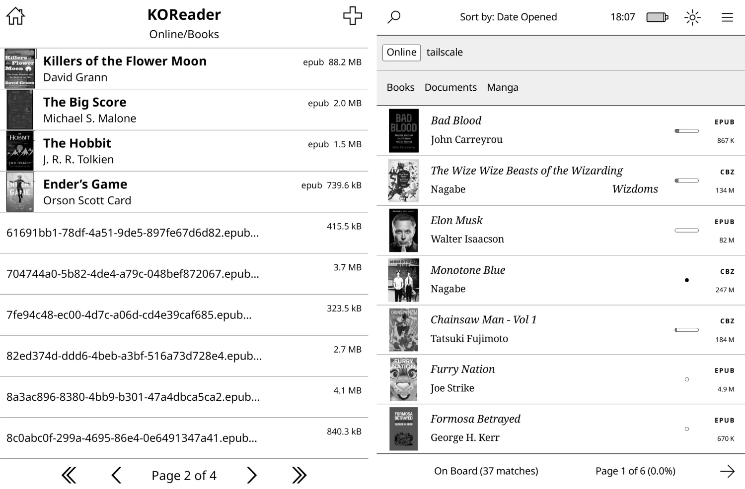 Side by side: KOReader's file-manager style library next to Plato's cover-grid library view.